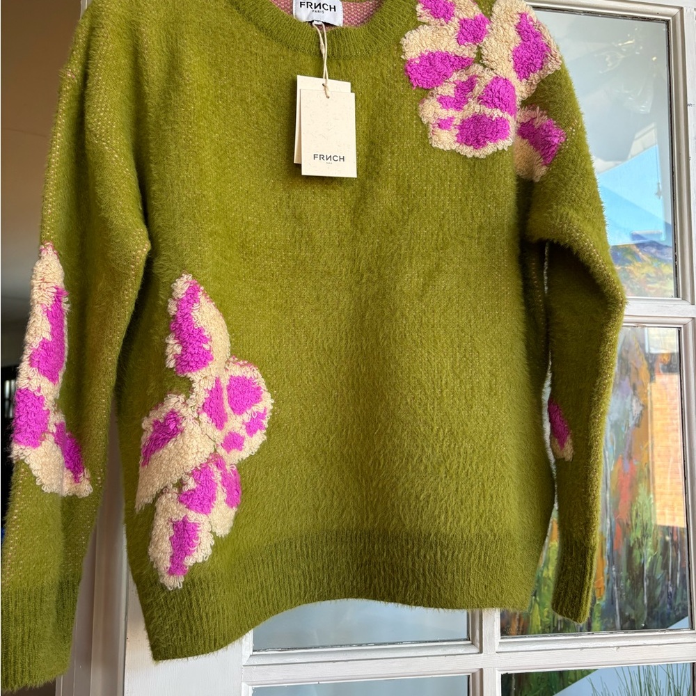FRNCH Green and Pink Crew Neck Sweater with Floral Embellishments